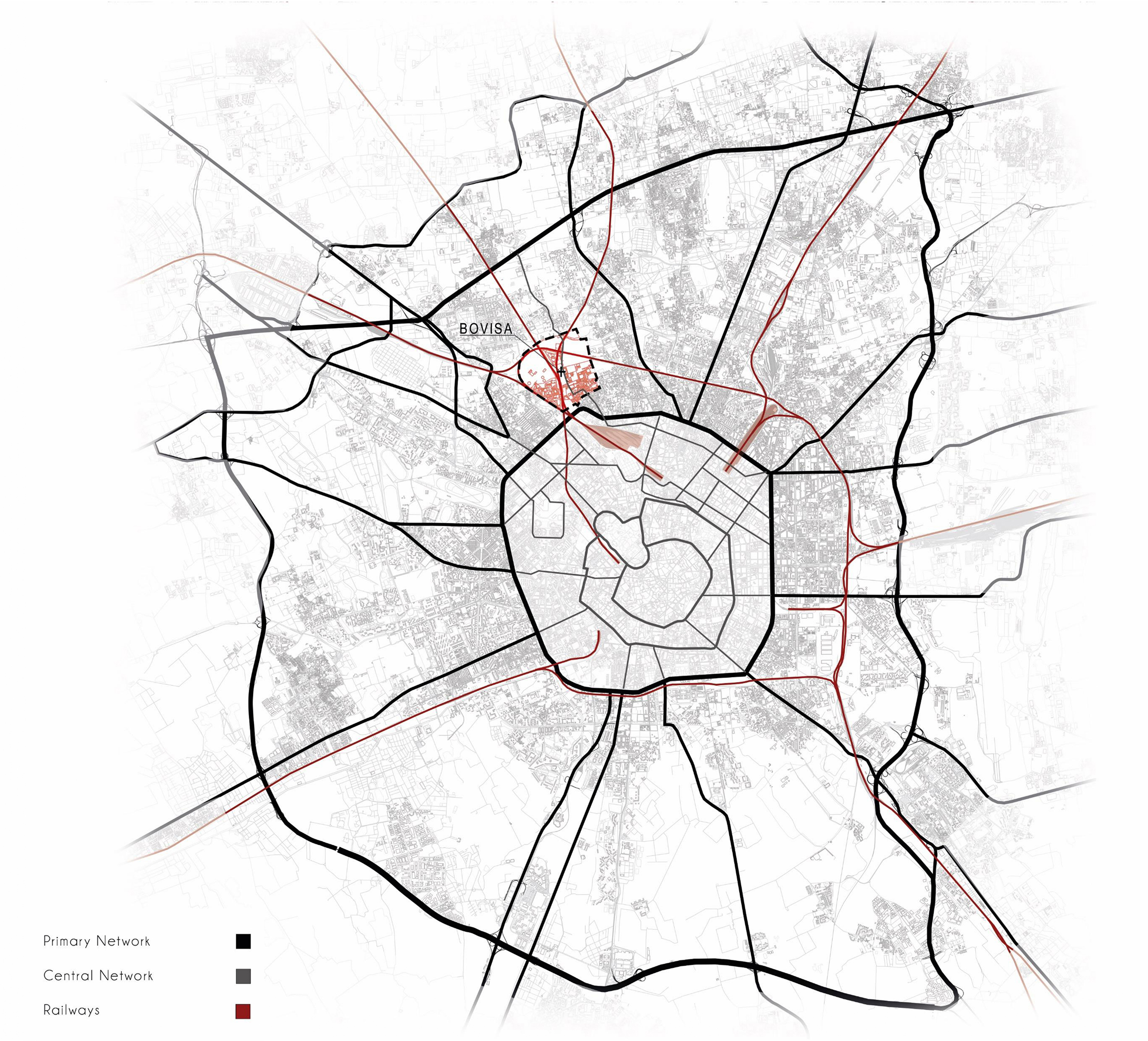 Bovisa in context — the district mapped against Milan's broader urban fabric, tracing its industrial edges and transit corridors